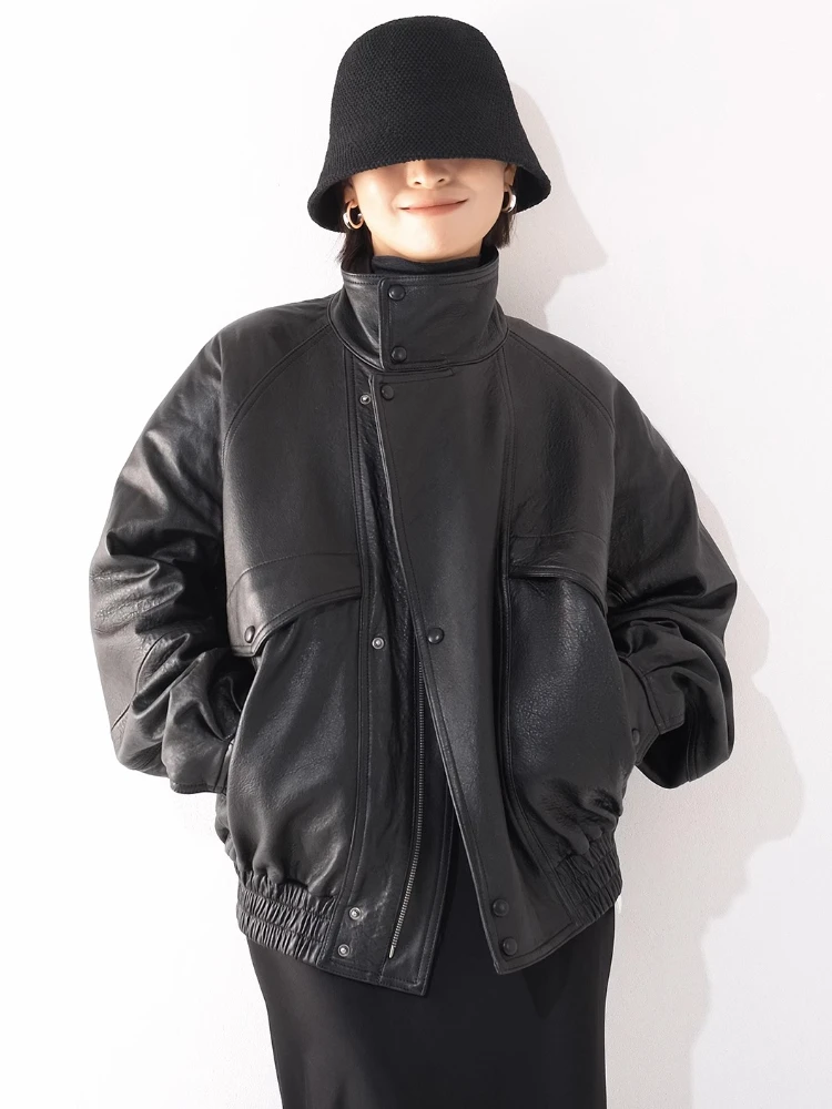 Schwarze, übergroße Motorradjacke aus echtem Leder für Damen, 2022, neuer High-End-Mantel mit einfachem Stehkragen und weicher Blasen aus echtem Schaffell