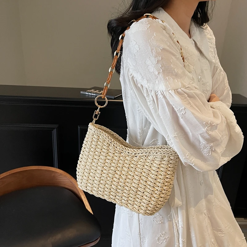 Böhmische Stroh-Strandtasche für Damen, Achselpackung, Sommer-Umhängetasche, Retro, handgefertigt, gewebte Tasche, Tragetasche, Damen-Einkaufshandtasche, Geldbörse