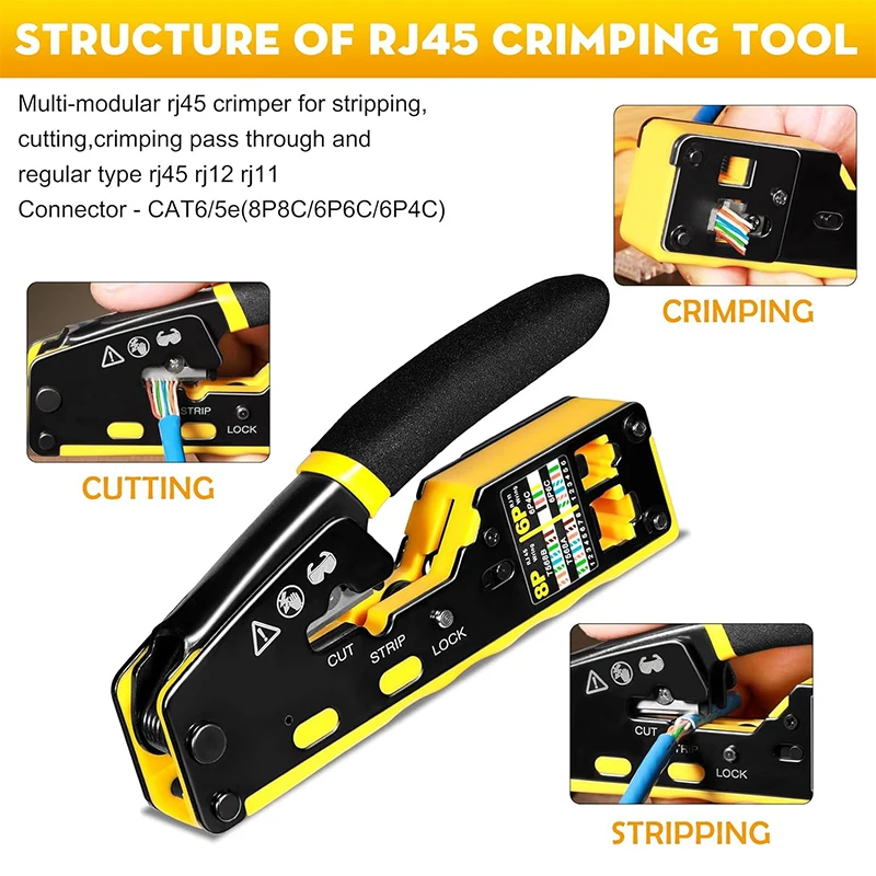 RJ45 Crimp Tool Pass Through Ethernet Crimping Tool for Cat6 Cat5 Cat5e RJ45 Connectors with Replacement Blade