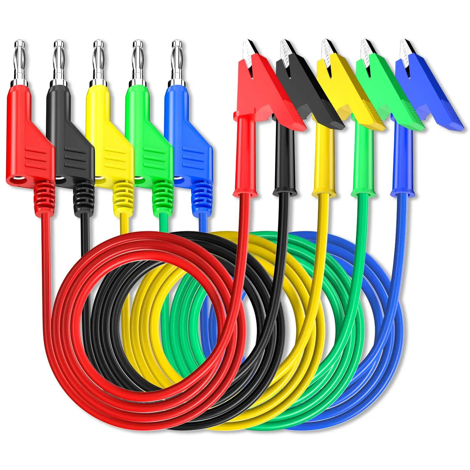 Cables de prueba de 5 uds., conector Banana apilable de 4mm a pinzas de cocodrilo, Cable Flexible de 3,3 pies/1m para pruebas eléctricas