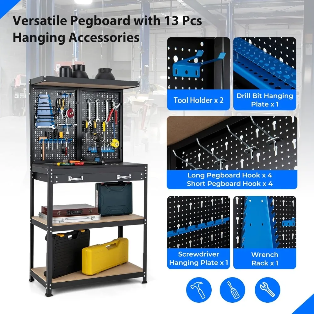 Workbench with Pegboard, Multi-Use Workbench with 4 Shelves, Topping Space,2 Drawer, Robust Metal Frame, Workbenches