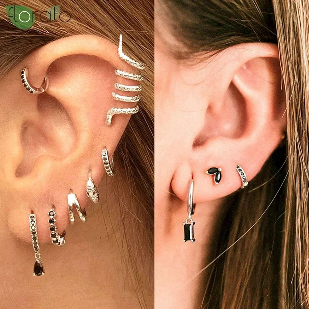 925 เงินสเตอร์ลิงเข็มแฟชั่นสีดําZirconจี้ต่างหูใหม่รอบ/Crossต่างหูห่วงขนาดเล็กสําหรับผู้หญิงเครื่องประดับเจาะ