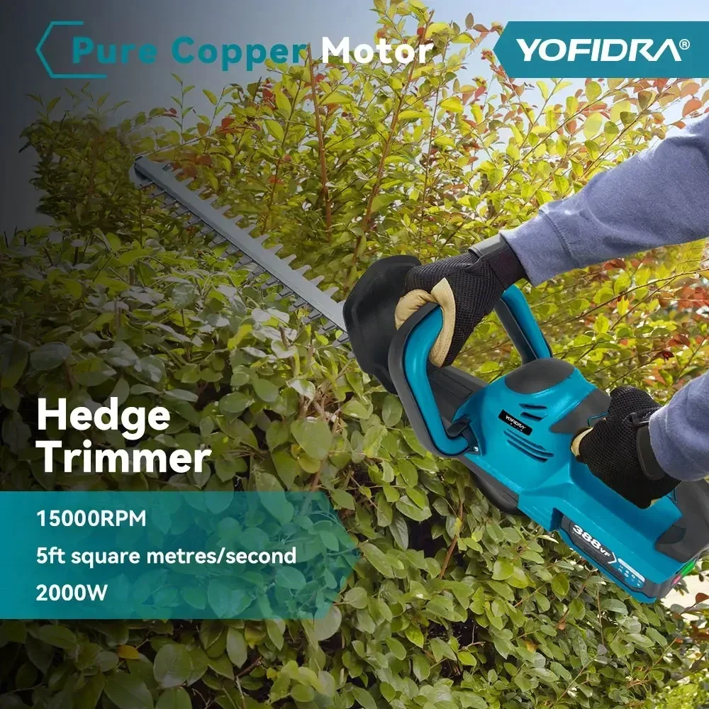 Cortasetos eléctrico YOFIDRA de 2000W, herramientas eléctricas de poda de arbustos de jardín recargables inalámbricas eficientes para batería Makita de 18V