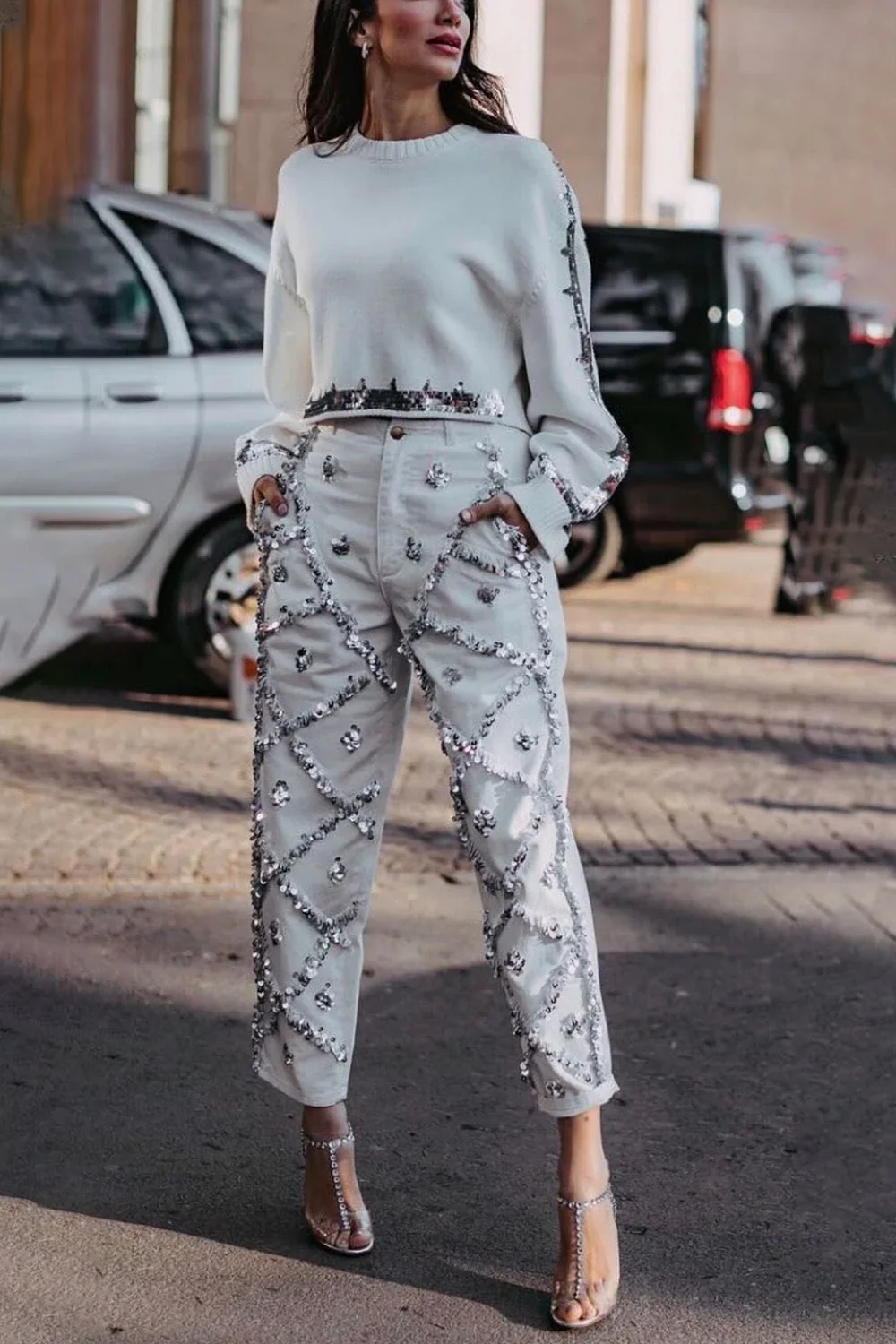 Denim-Jeans mit Pailletten-Dekor und geradem Bein für Damen, hohe Taille, elegante lässige Taschen, Vintage-Diamant-Denim-Bleistifthose, Hose