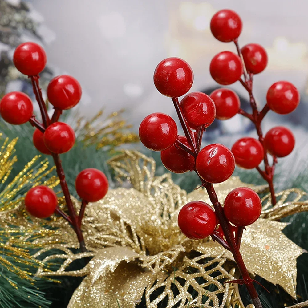 Künstliche Beeren Rot Gold Silber Gefälschte Beeren Zweig Kirsche Staubblatt Weihnachten DIY Blumenkranz Ornament Neujahr Party Dekor