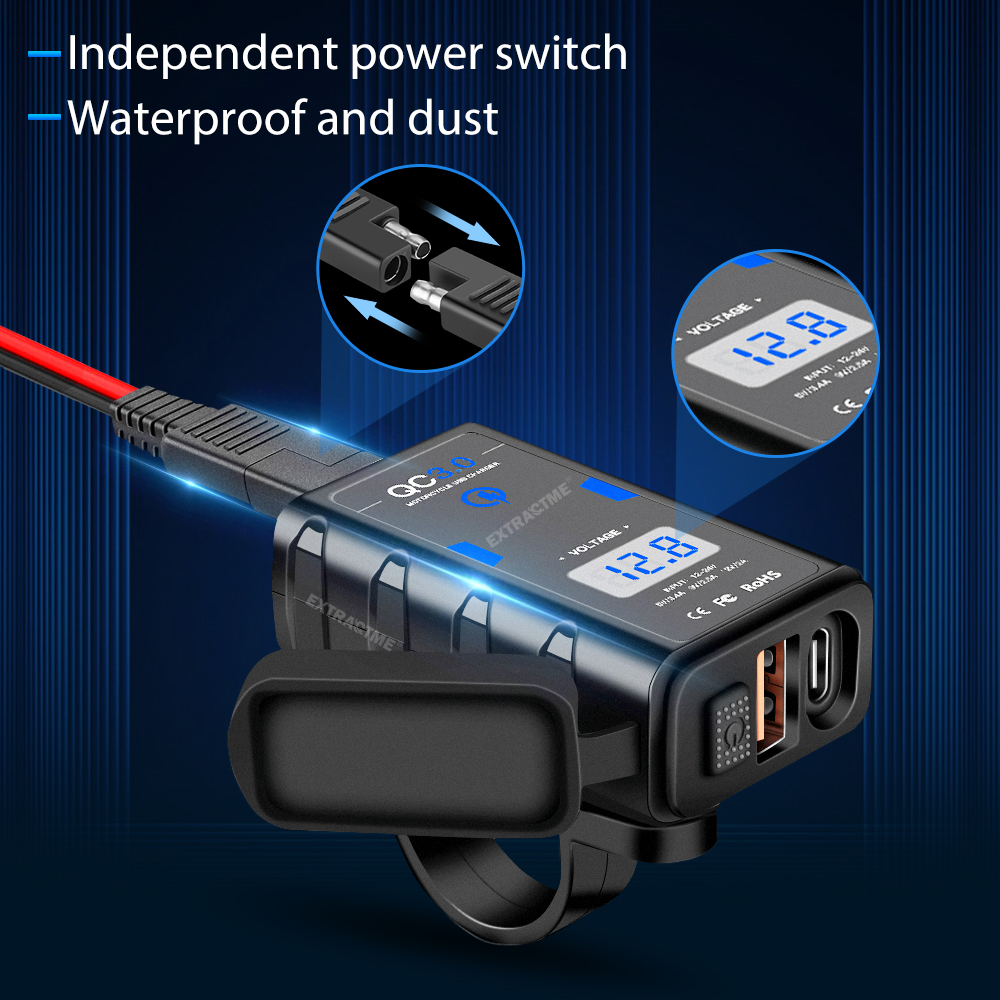 Extractme 6,8A QC3.0 Мотоциклетное USB-зарядное устройство Водонепроницаемый адаптер питания 12 В с переключателем Вольтметр Разъем Мото Зарядное устройство для телефона