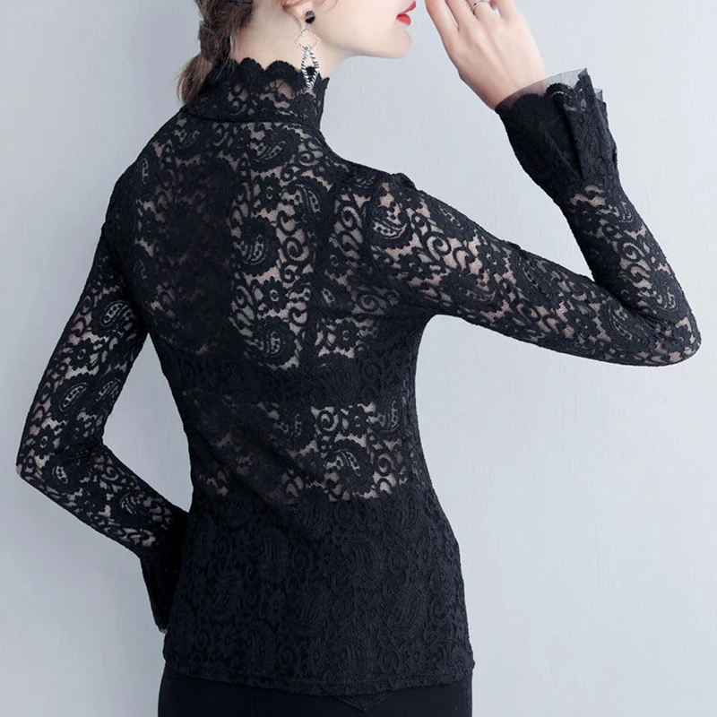 セクシーな透明長袖トップ女性 2025 ファッション秋冬基本レースブラウス白黒中空 Blusas Mujer 特大