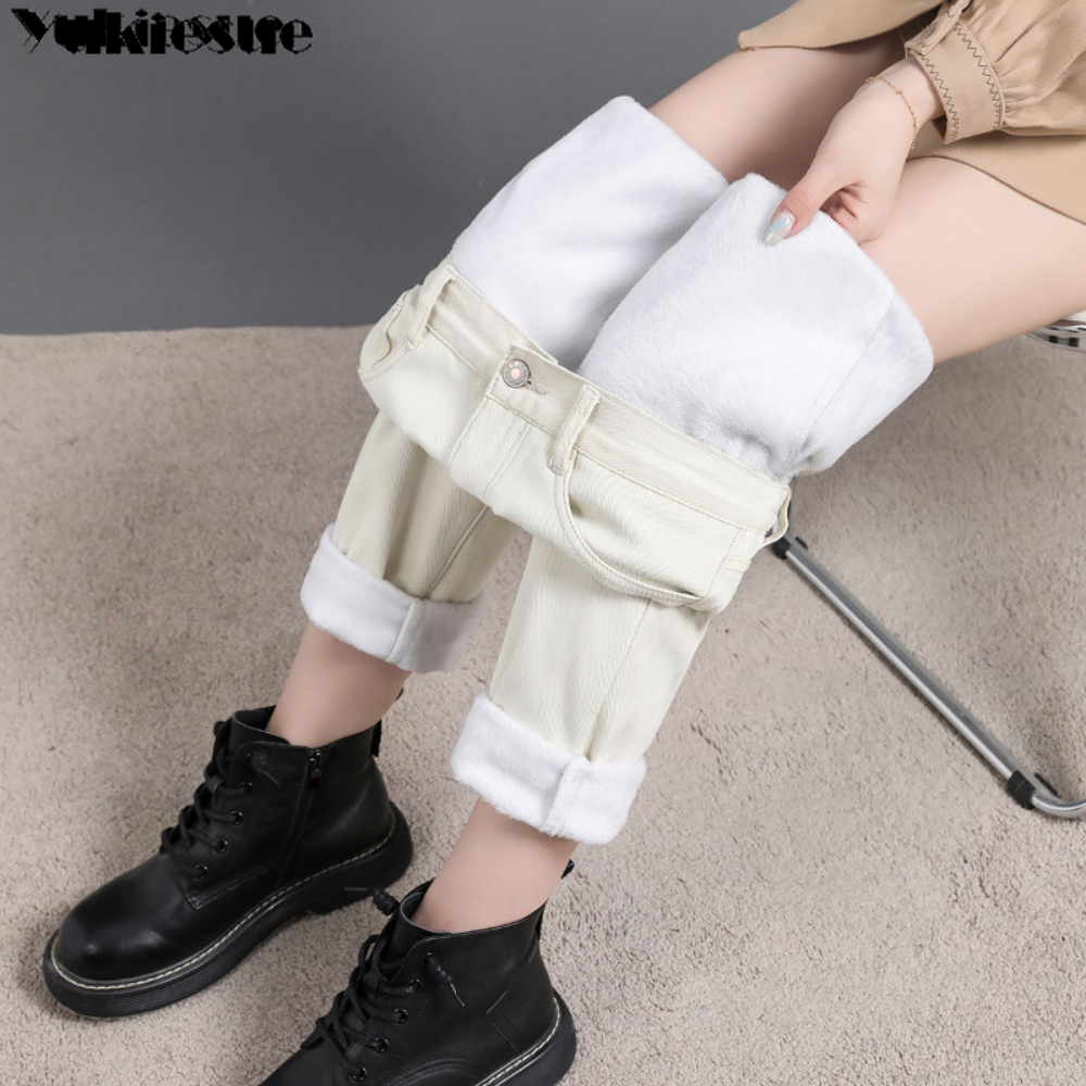 Winter Warm Schlank Stretch Damen Casual Denim Bleistift Hosen Dicke Plus Samt Frauen Jeans Hohe Taille Dünne Gerade Jeans Fleece