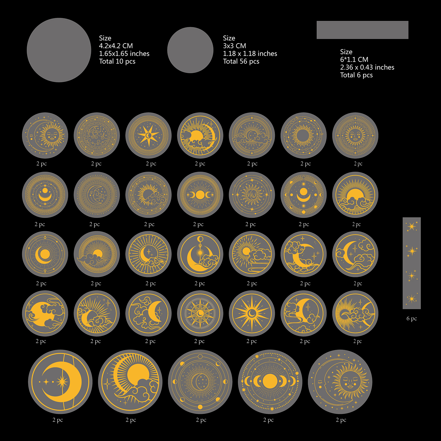 70枚 グリッターゴールドPET粘着ステッカー 防水透明ラベル：サンムーンスターなど