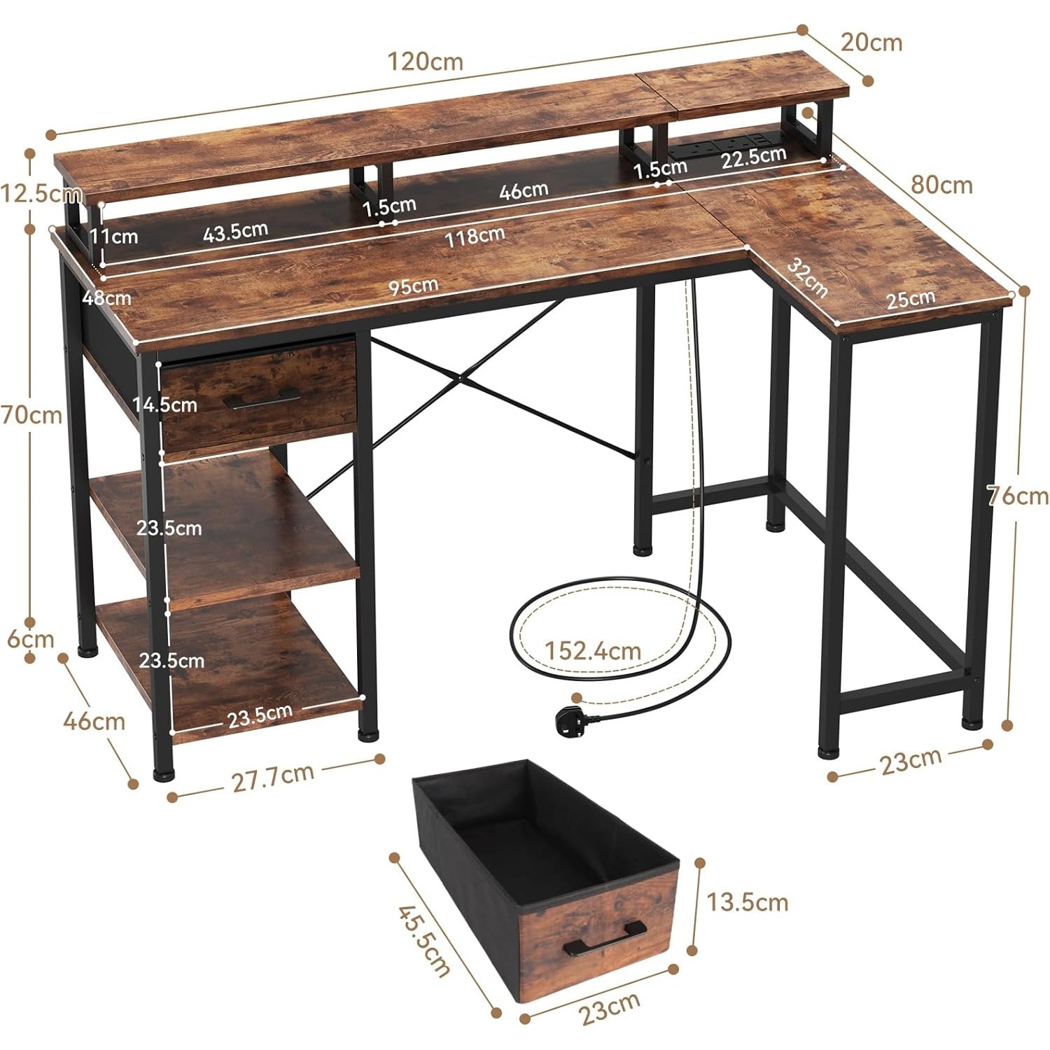 L Shaped Desk with Power Outlet Corner Computer Desk with Storage Shelves and Fabric Drawer, Study Writing Table Gaming Desk