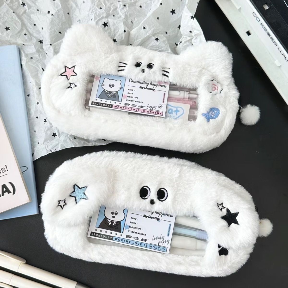 Piórnik o dużej pojemności Uroczy puszysty pluszowy piórnik w kształcie kota z wizualnym okienkiem Kreatywny piórnik Kawaii do szkoły biurowej