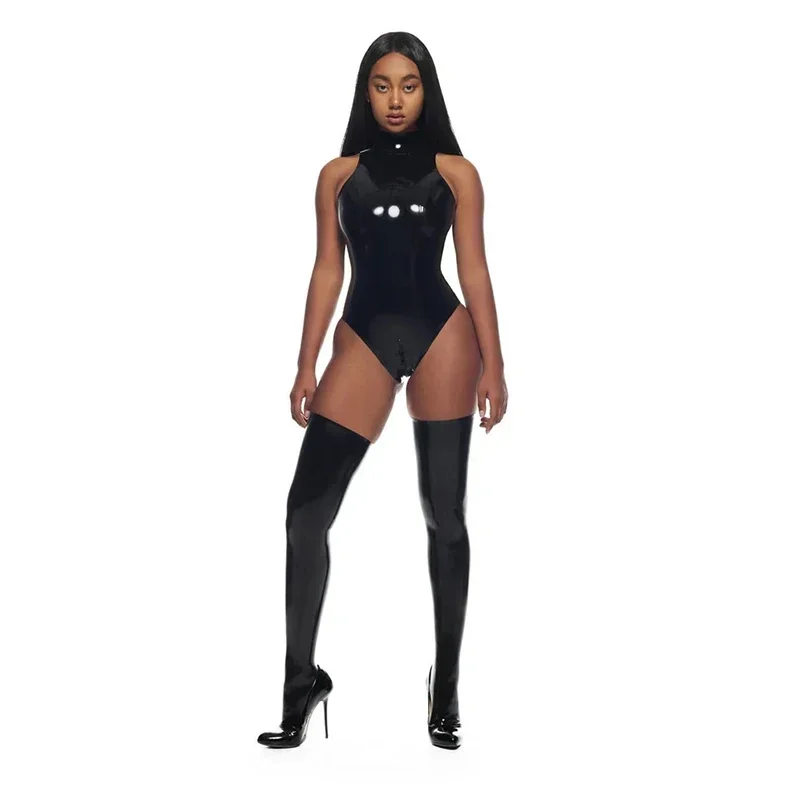 Body Sexy de látex sintético sin mangas para mujer, monos de charol con aspecto húmedo, mono ajustado de PU elástico con cuello alto, ropa para discoteca