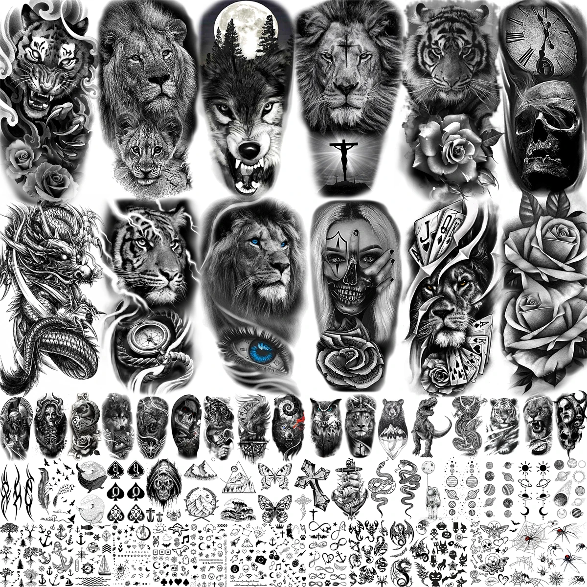 61 hojas de tatuajes temporales de animales de calavera realista para adultos tatuajes de brazo brújula falsa Rosa flor León Wlof tatuajes tigre negro