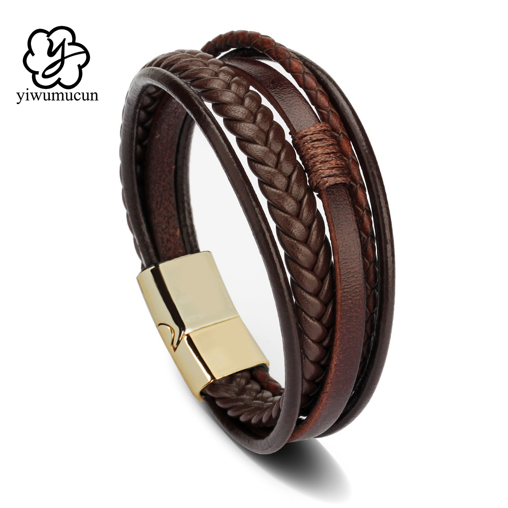 Pulseiras de couro da moda para homens pulseira de aço inoxidável 21cm multicamadas trançada corda pulseiras para presentes de jóias masculinas