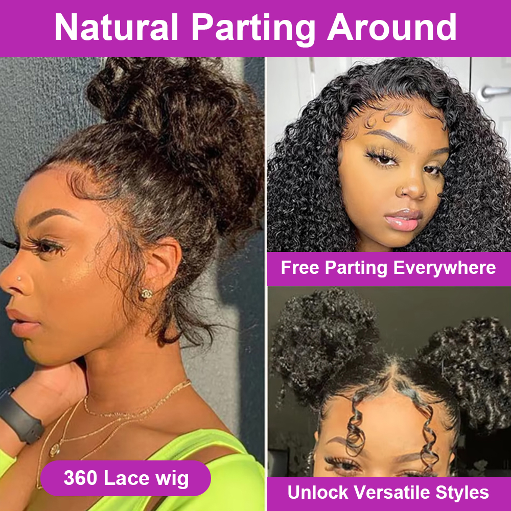 Perruque Lace Front Wig sans colle naturelle ondulée, cheveux humains, Deep Curly Wave, Full HD 300%, 40 pouces, densité 360