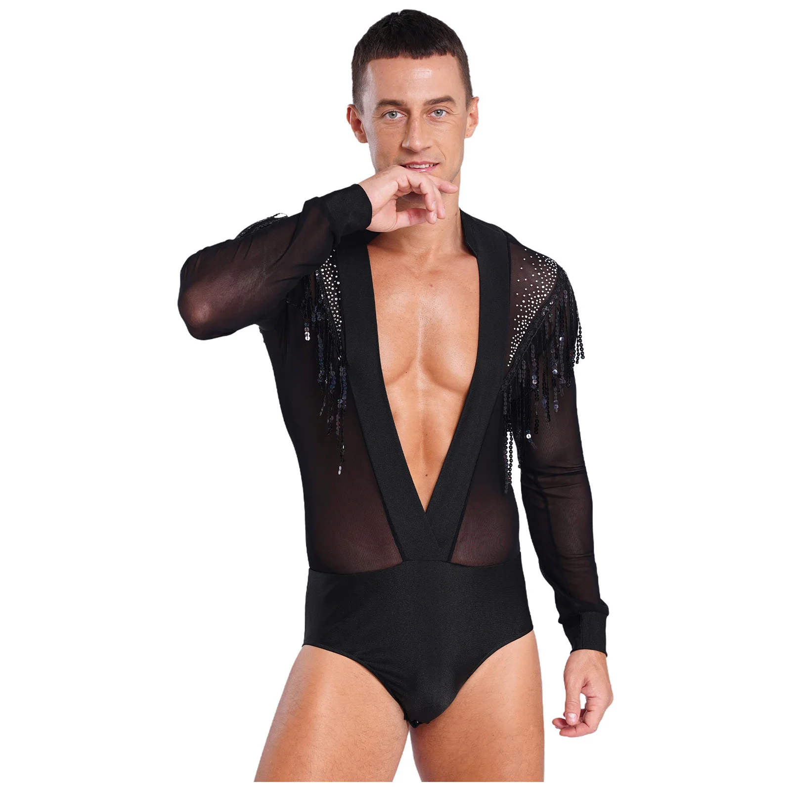 Herren-Body mit Strasssteinen, Hemd, Oberteil, durchsichtiges Netz, Pailletten, Quasten, tiefer V-Ausschnitt, lateinamerikanisches Tango-Tanztrikot, Performance-Kostüm