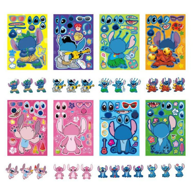 8/16/24Sheets Kawaii Disney Stitch Make A Face Stickers Puzzle Cartoon Decal DIY Make Your Own Assemble Jigsaw Sticker