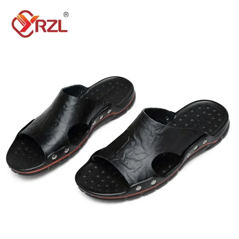 YRZL Herren-Sandalen, PU-Leder, klassische Sommer-Herren-Hausschuhe, weiche schwarze Hausschuhe, große Hausschuhe, leichte EVA-Slides für Herren
