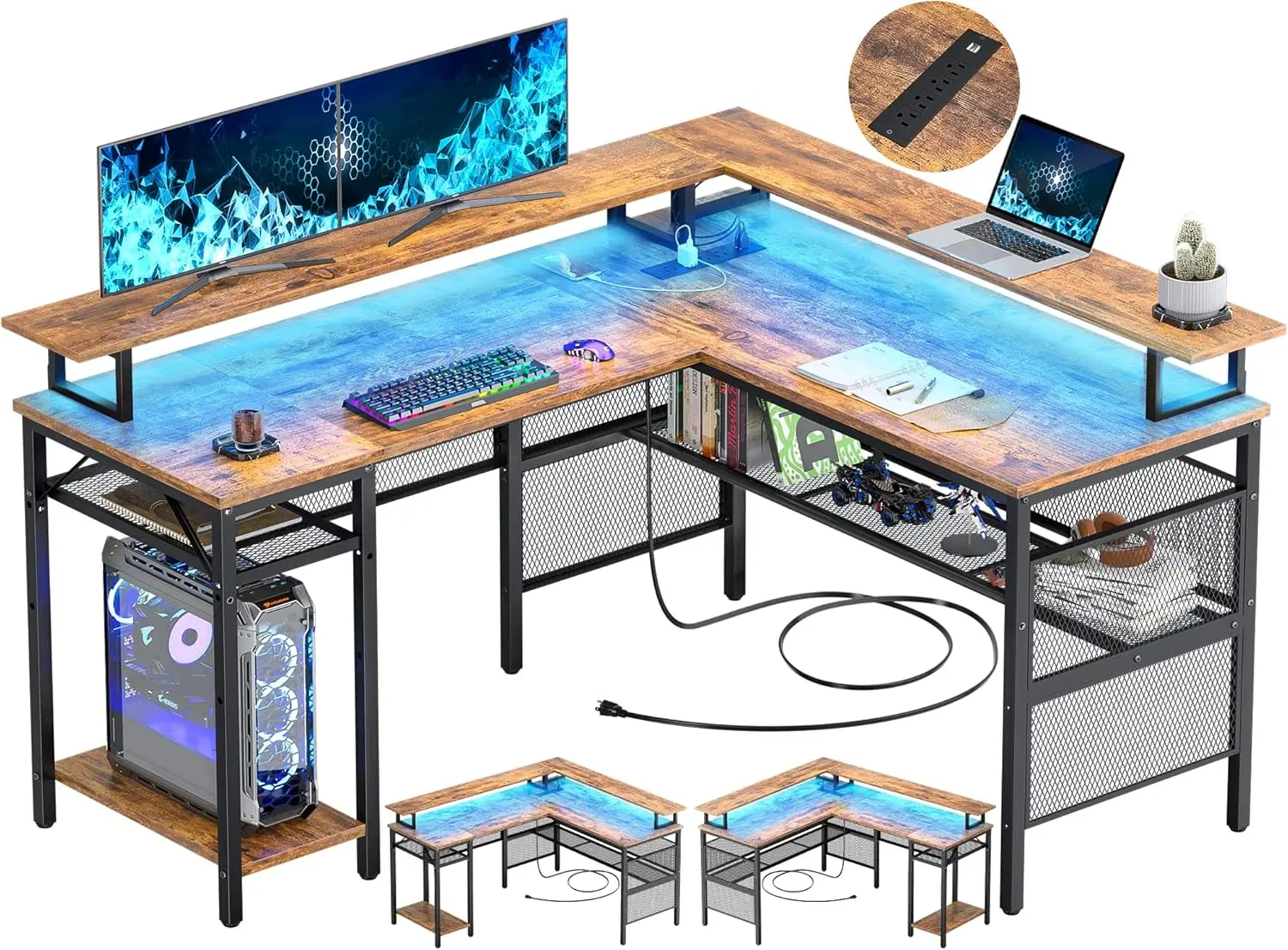 L Shaped Desk with LED Light and Power Outlet, Reversible Corner Computer Table with Monitor Stand and Storage Shelf, Modern L-