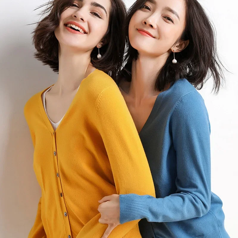 2025 frauen Strickjacken Langarm Gestrickte Oberbekleidung Solide Dünne Frühling Herbst Pullover V-ausschnitt Strickwaren Koreanische Mode Strickjacken