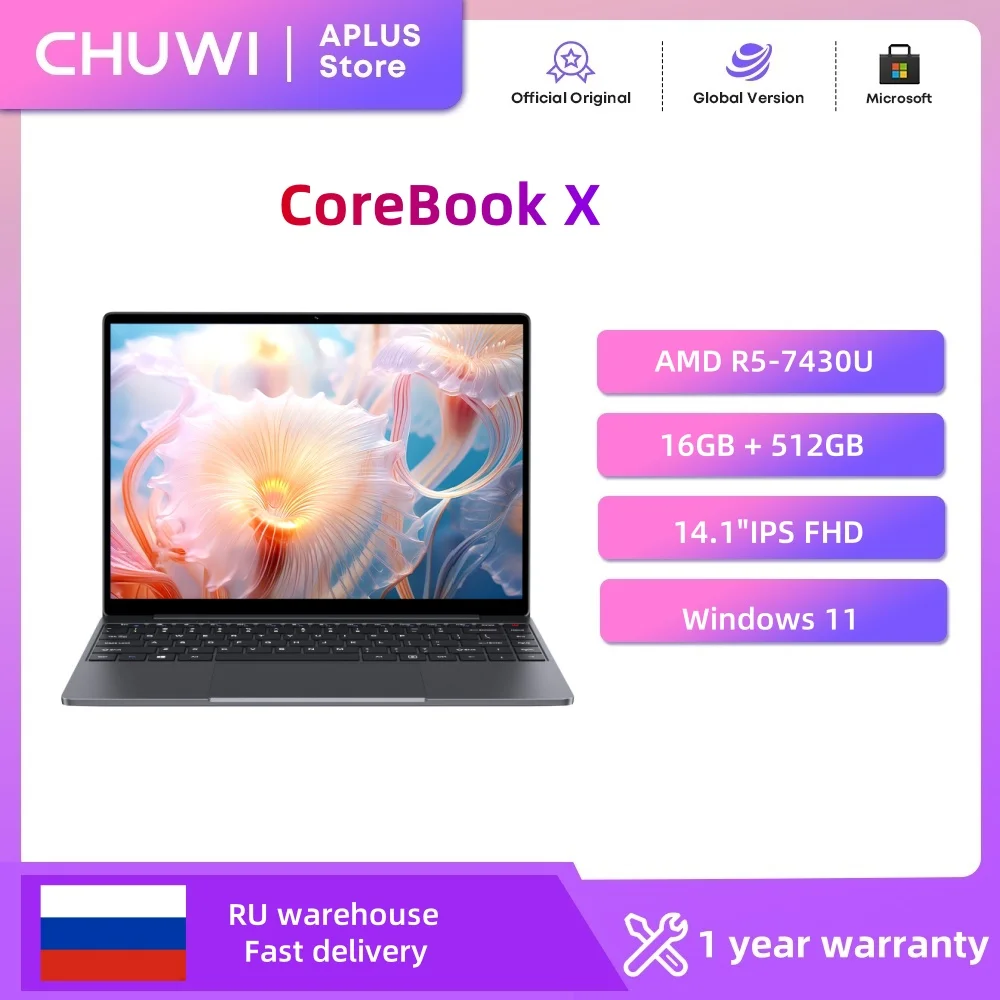 Ноутбук CHUWI CoreBook X AMD R5-7430U, 14,1-дюймовый экран 2K, 16 ГБ DDR4, ОЗУ, 512 ГБ SSD, Windows 11, Wi-Fi6, экономичный удобный ноутбук