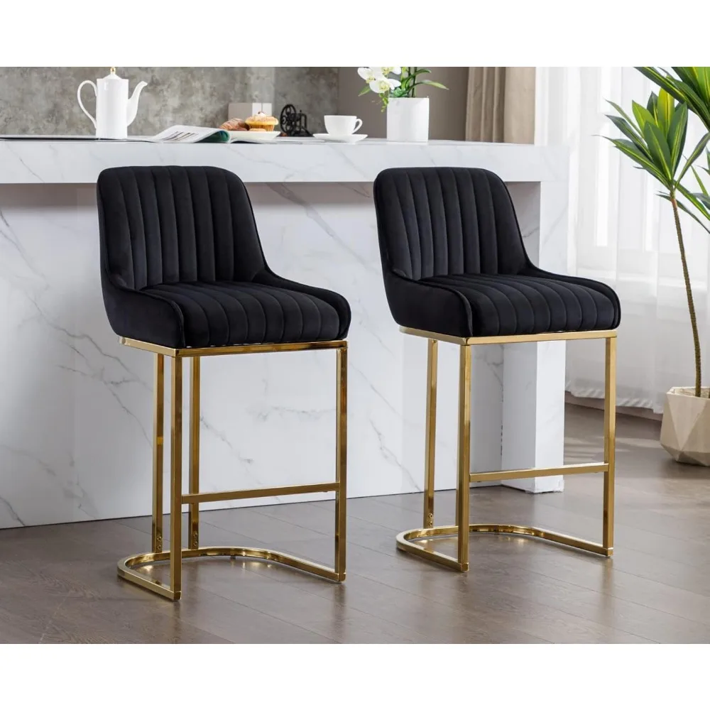 Modern Counter Height Bar Stools Set of 2 Comfortable Velvet Upholstered Breakfast Barstools with Back and Gold Base
