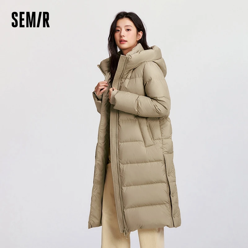 女性用セミルダウンジャケット,ロング,フード付き,スリット,ルーズ,撥水,グースダウン服,冬,新しいコレクション2024
