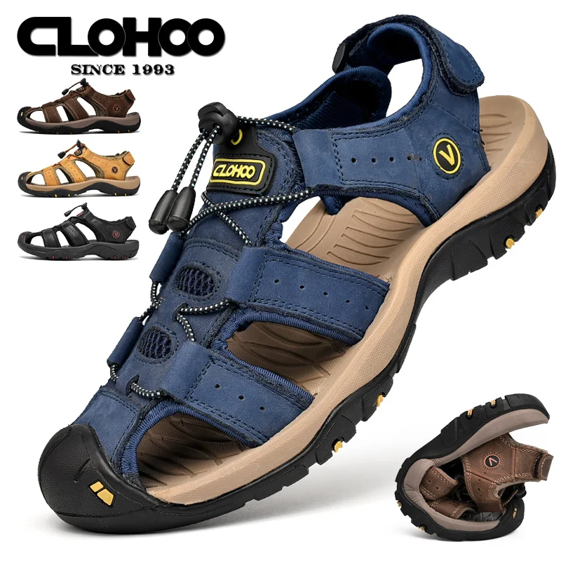 CLOHOO รองเท้าแตะผู้ชาย Handmade หนาด้านล่างยาง Breathable Casual SLIP-ON รองเท้าชายหาดหนังรุ่นอัพเกรด