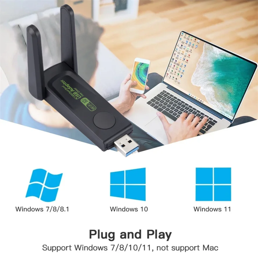 Adaptador WiFi USB de 1300Mbps, antena Dongle WiFi inalámbrica de doble banda de 2,4 Ghz/5Ghz, receptor de tarjeta de red Ethernet USB para PC y portátil