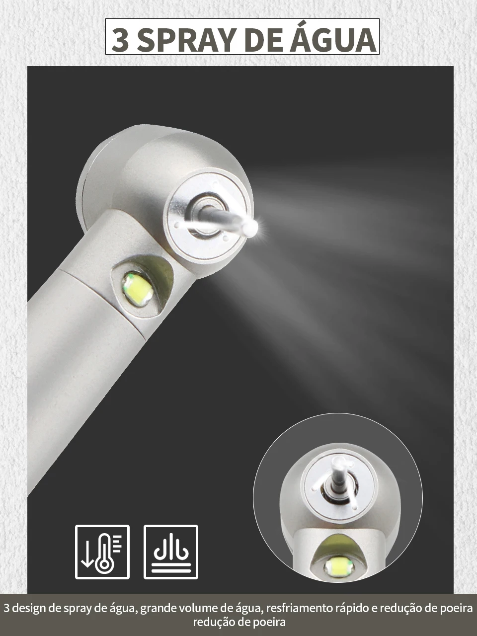 Peça de mão odontológica de LED de alta velocidade e alta rotação com 3 sprays de água e resfriamento rápido com rolamento de cerâmica e ponta de turbina de baixo ruído Ferramentas odontológicas