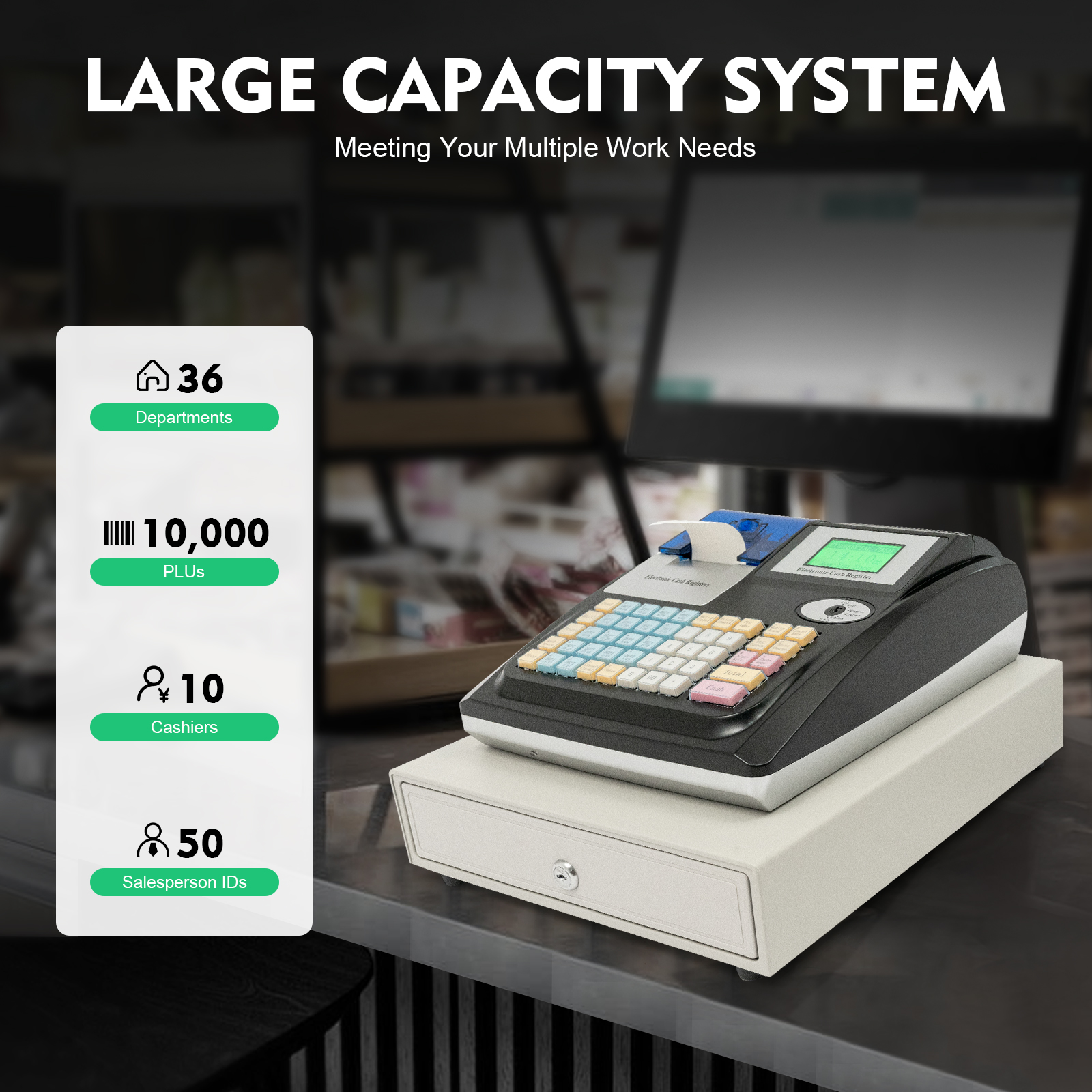 Robusto registratore di cassa elettronico con rilevatore di banconote a doppio display 48 tasti 36 depositi 10K PLU USB/RS232 a basso consumo