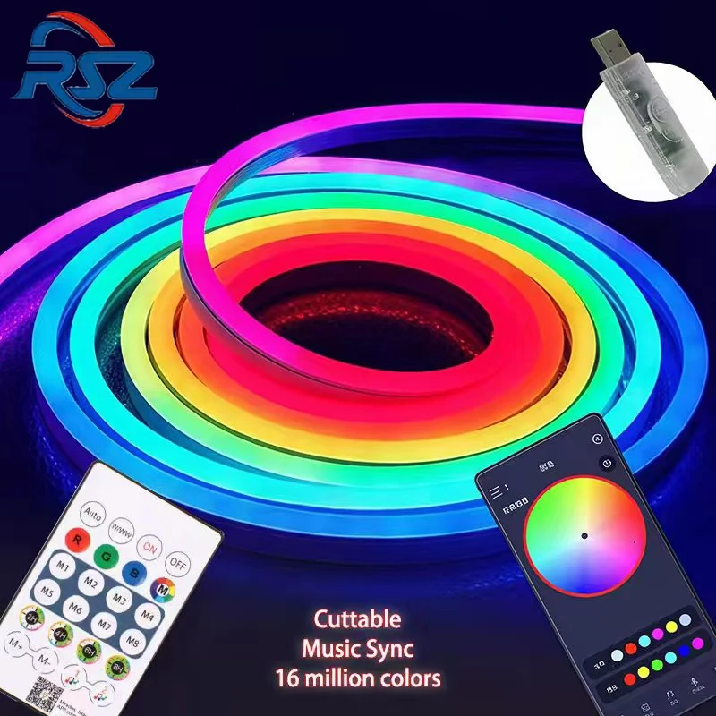 Tira de luz de neón RGB, luces de neón de cinta Flexible impermeable USB de 5V, 1M 2M 3M 5M, con Control remoto Bluetooth para decoración del hogar