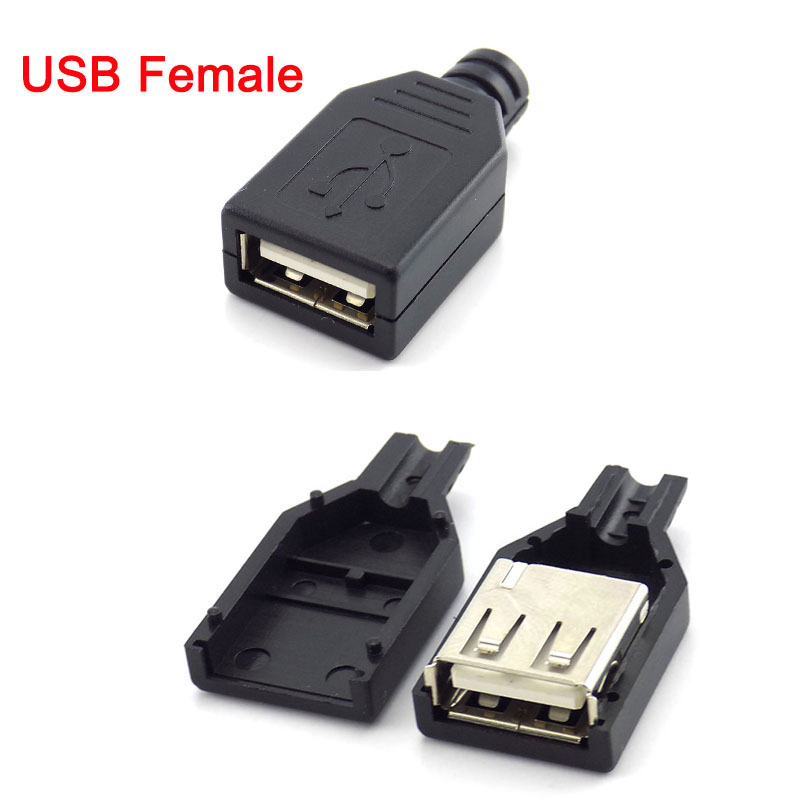 Conector hembra USB 2,0 tipo A de 4 pines, cubierta de plástico negro, tipo soldadura, cable conector DIY H10