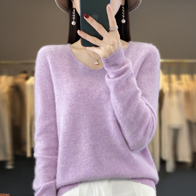 100% suéter de cachemira de lana pura para mujer, jersey con cuello en V, top de punto informal, abrigo para mujer de otoño e invierno, moda coreana