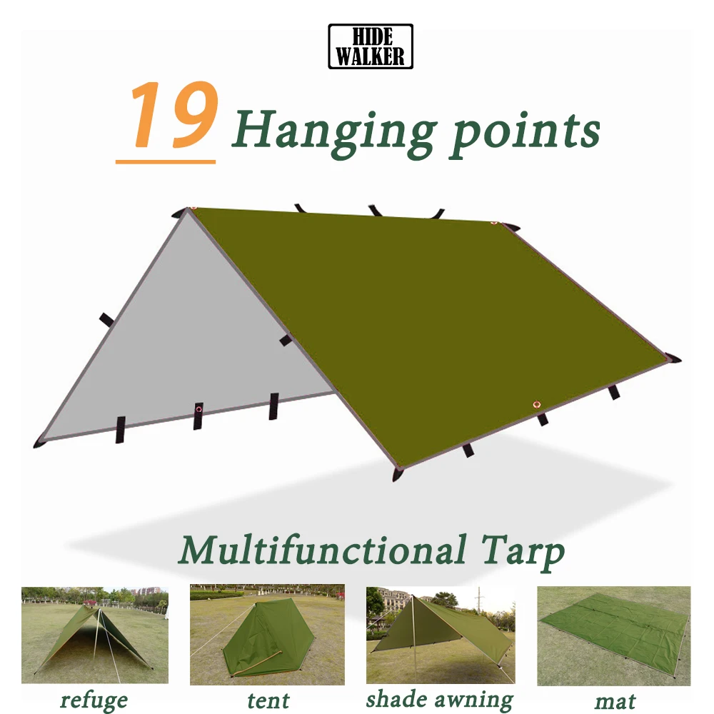Lona impermeable para tienda de campaña, tienda de supervivencia de 19 puntos colgantes, refugio solar táctico para acampar al aire libre, toldo ligero para sombrilla 4x4 3x4 3x3
