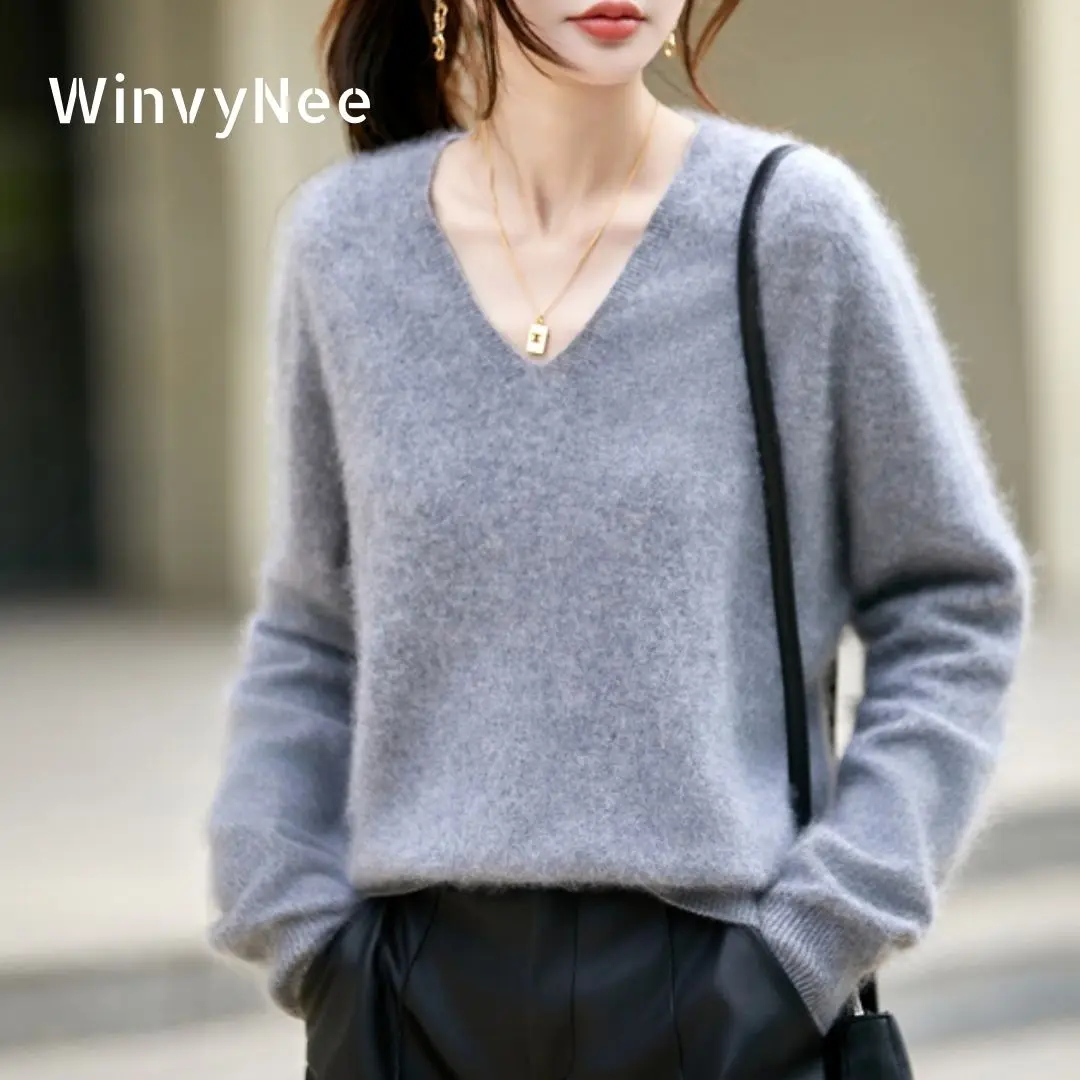 WinvyNee Roupas femininas de inverno, tops de lã escovada, gola em V, cinza, quente, casual, suéteres macios, sólidos, pulôver de malha, jumpers A1713002