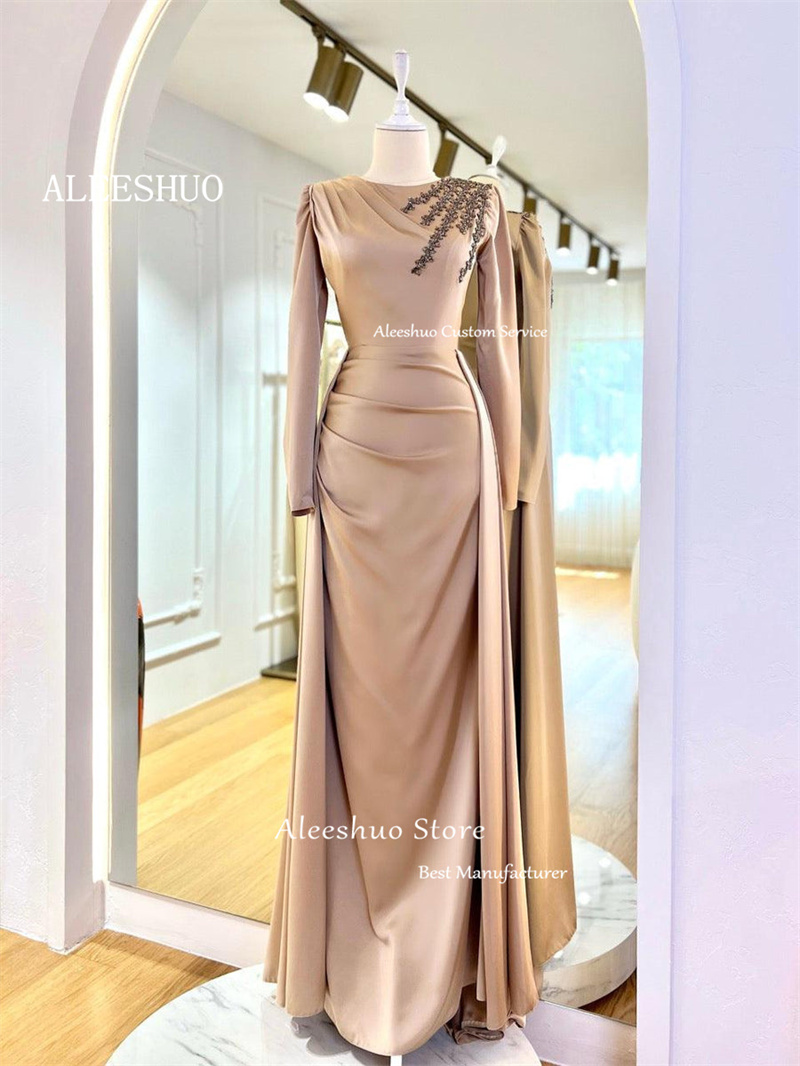 Modest Dubai Arabic Long Sleeeves O-Neck Evening Dresses Women Attachable Train Beads Prom Gown Formal Occasion Dress Customized