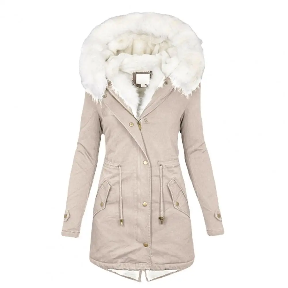 Abrigo clásico suave con cremallera y botones para mujer, abrigo ajustado con capucha de algodón acolchado de longitud media, chaqueta de invierno resistente al frío