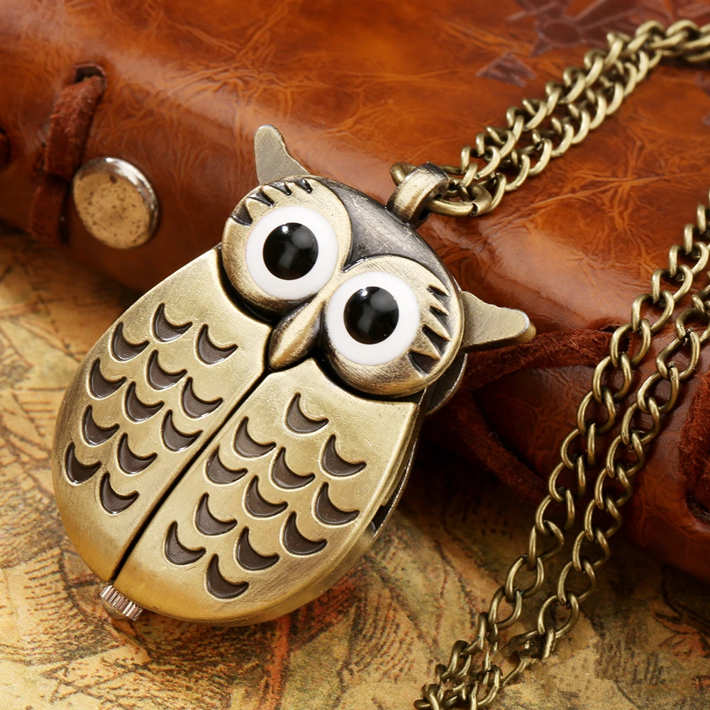 3D Eule süße Taschenuhr Vintage Punk Bronze Nighthawk Quarz Taschenuhren mit Halskette Kette Kind Damen Souvenirs Geschenk Uhr
