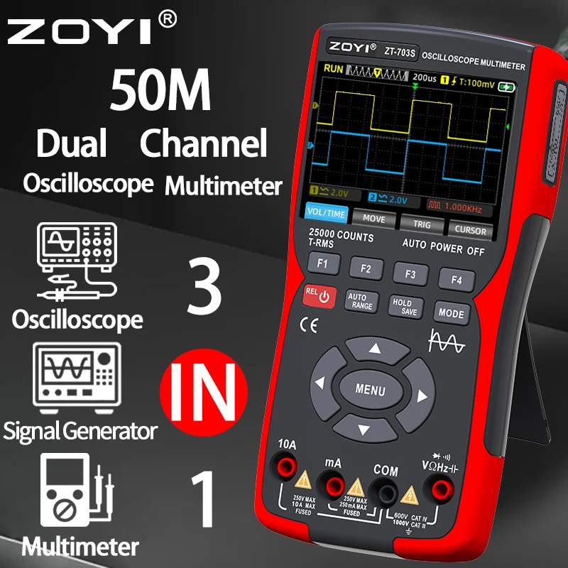 ZT-703S 3 in 1 Handheld Oscilloscope ยานยนต์ Dual Channel 50MHz พร้อมมัลติมิเตอร์แบบดิจิตอลและเครื่องทดสอบสัญญาณ