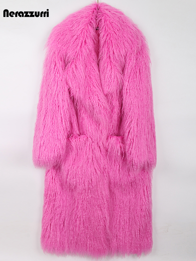 Nerazzurri Winter Lange Helle Rosa Übergroßen Shaggy Haarigen Weichen, Flauschigen Dicke Warme Faux Pelzmantel Frauen Revers Runway Nette Mode