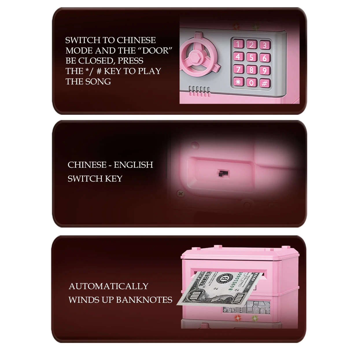 Zabawki skarbonki, elektroniczne hasło bankomatu Bank pieniędzy Moneta może automatyczne przewijanie papieru Oszczędność pieniędzy Odblokowanie hasłem odcisku palca