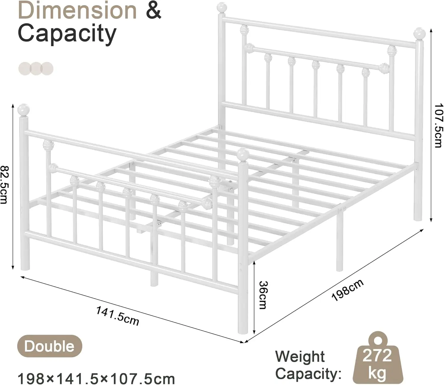 4ft6 Double Bed Frame, Metal Platform with Victorian Style Headboard, Heavy Duty Steel Slat Support, No Box Spring Needed