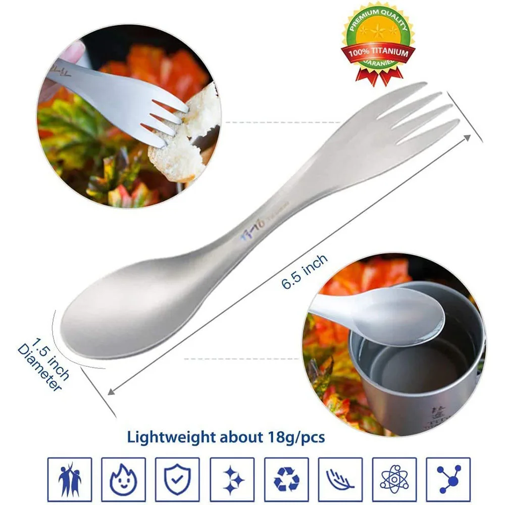 2 ชิ้นไทเทเนียม Spork 2-in-1 ช้อน Ultralight เครื่องครัวแบบพกพามีดส้อมกลางแจ้ง Camping Picnic Travel เป็นมิตรกับสิ่งแวดล้อม Flatware