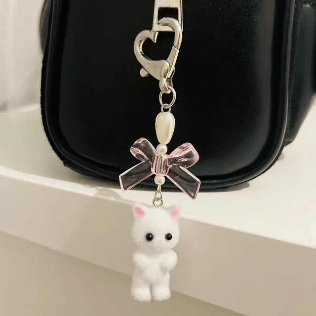 Cute Fuzzy Kitty Cat Heart Bow Keychain, Kitten, Kawaii, Pink Bow, Pearl Heart