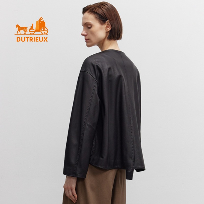 Winter New Genuine Leather Jacket for Women Temperament Short Sheepskin Leather Jacket Round Neck Loose Cowhide Windproof Coat