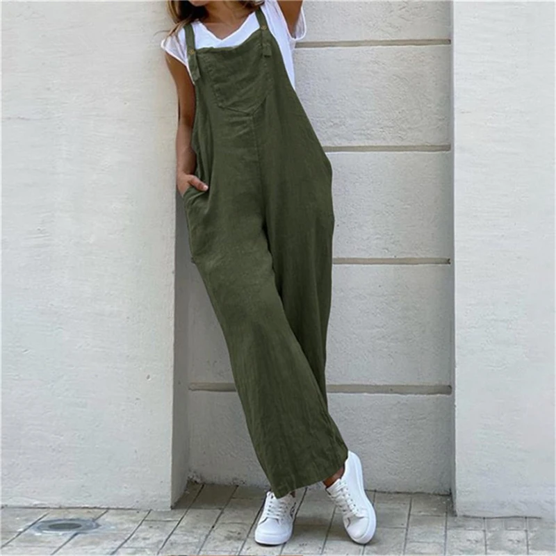 Mono de verano para mujer, mono de Color sólido, pantalón largo informal, bolsillos, botón, pierna ancha, correa, monos sueltos