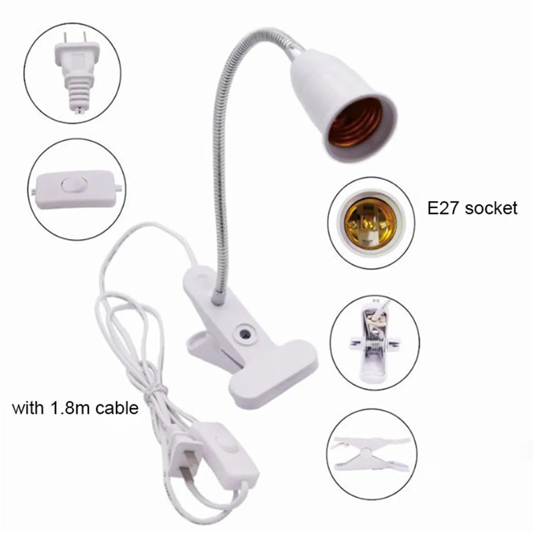 Portalámparas de escritorio Flexible con enchufe UE EE. UU., 360 grados, Base E27, Cable con Clip de cuello de cisne con interruptor de encendido y apagado para plantas domésticas