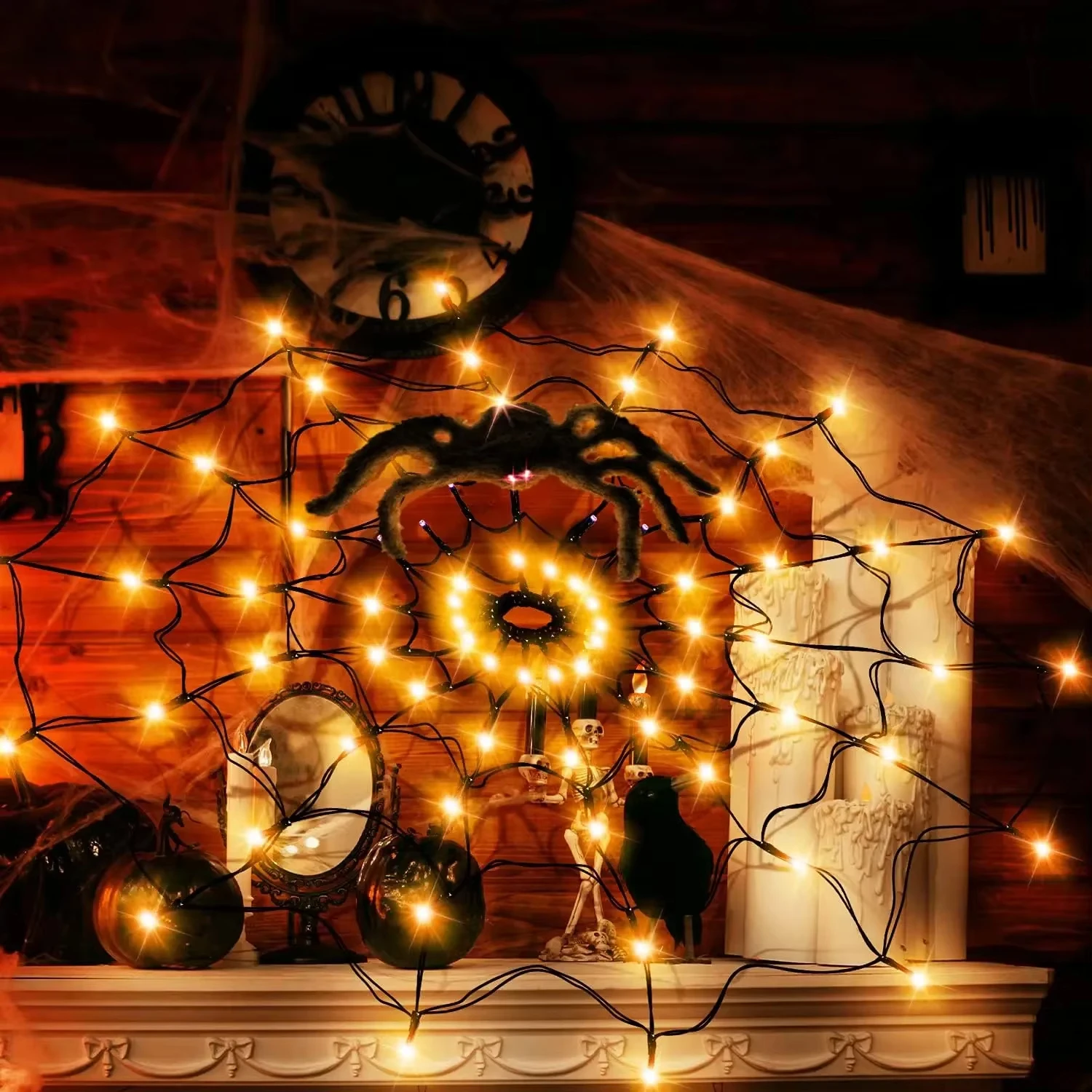 Halloween Spider Web String Lights Battery Powered Wall Lamp Horror Atmosphere Decoration Lights For Haunted House,Window,Party