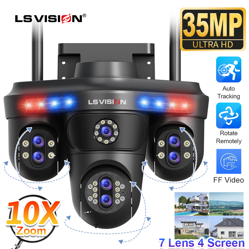 LS VISION 35MP 10X Zoom cuatro pantallas WiFi cámara IP inalámbrica al aire libre siete lentes tres cámaras PTZ cámara de seguridad de seguimiento automático